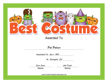 Halloween Costume Award certificate