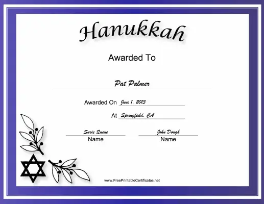Hanukkah Holiday certificate