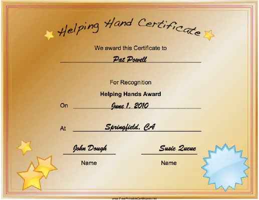 Helping Hand certificate