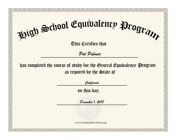 High School Equivalency Diploma certificate