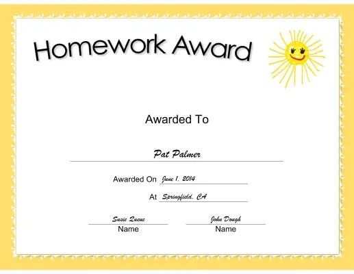Homework Award certificate