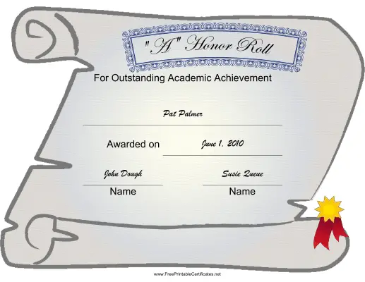 A Honor Roll certificate