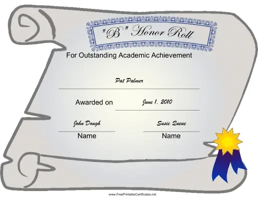 B Honor Roll certificate