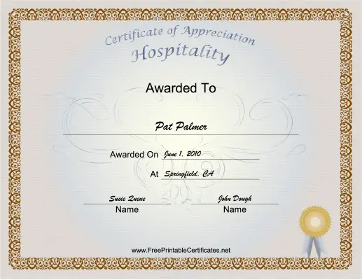 Hospitality certificate
