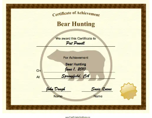 Hunting Bear Achievement certificate