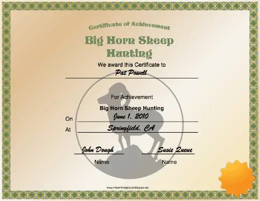 Hunting Big Horn Sheep Achievement certificate
