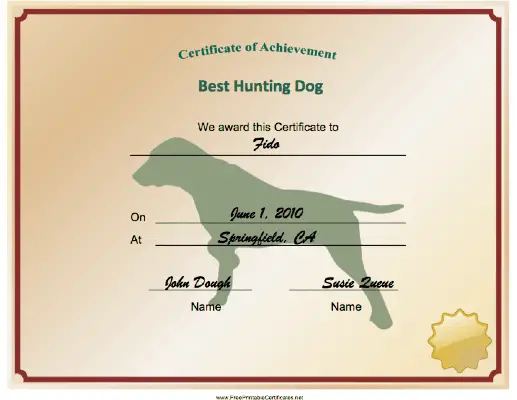 Hunting Dog Achievement certificate