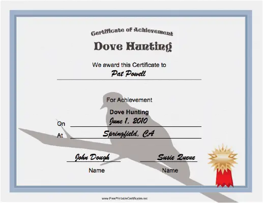 Hunting Dove Achievement certificate