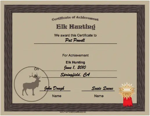 Hunting Elk Achievement certificate