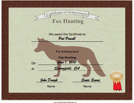 Hunting Fox Achievement certificate