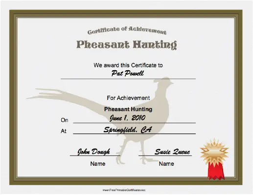 Hunting Pheasant Achievement certificate