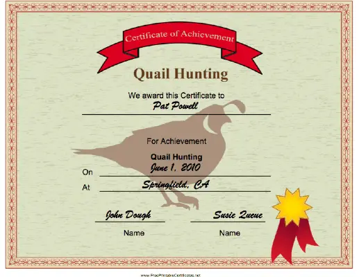 Hunting Quail Achievement certificate