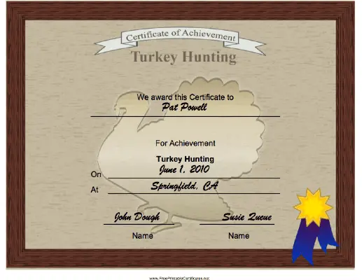Hunting Turkey Achievement certificate