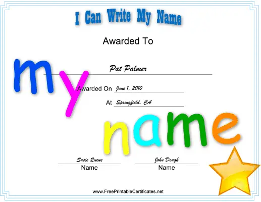 I Can Write Name certificate