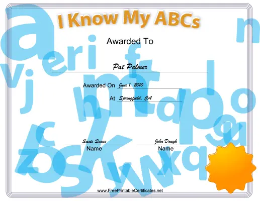 I Know My ABCs certificate