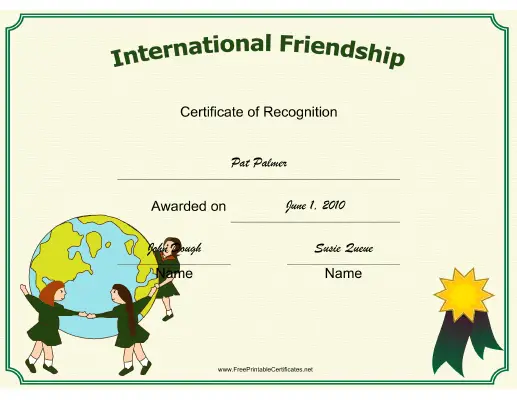International Friendship certificate
