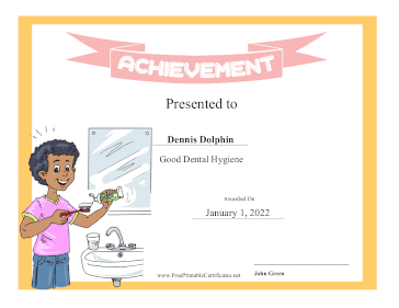 Kids Achievement Award Dental Hygiene certificate