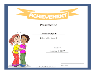 Kids Achievement Award Friendship certificate