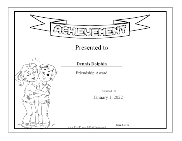 Kids Achievement Award Friendship BW certificate