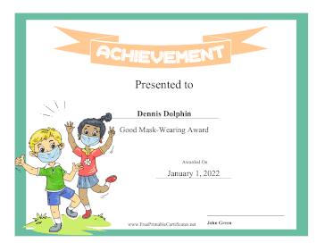 Kids Achievement Award Mask-Wearing certificate