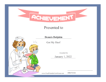 Kids Achievement Award Vaccine certificate