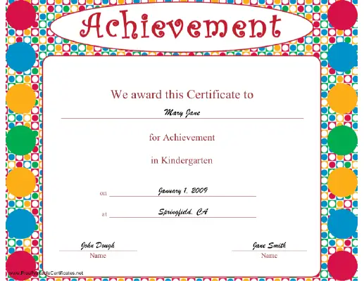 Achievement in Kindergarten certificate