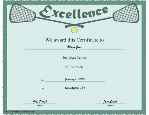 Excellence in Lacrosse certificate