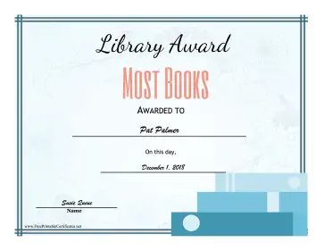 Library Award Most Books certificate