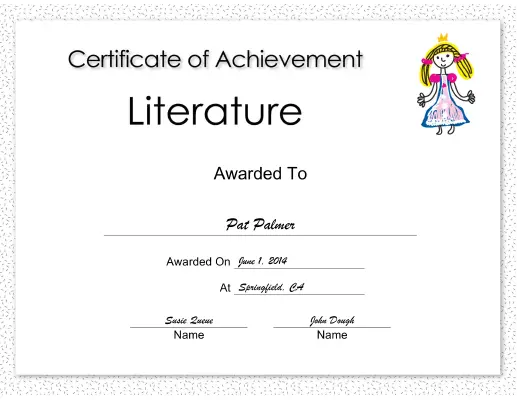 Literature Achievement Princess certificate