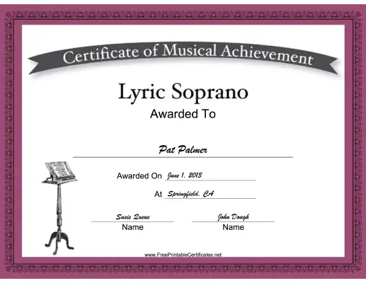 Lyric Soprano Vocal Music certificate