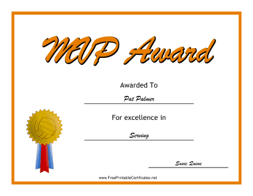 MVP Award Volleyball certificate
