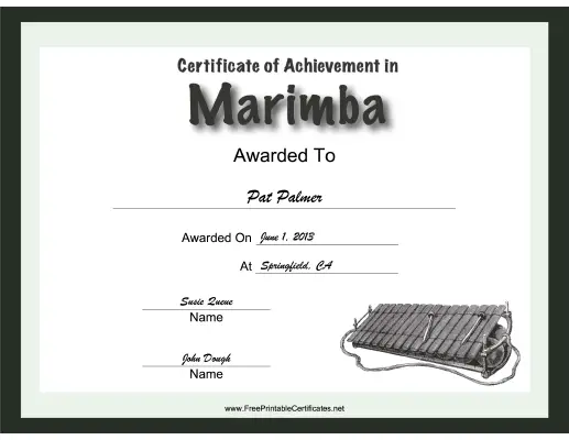 Marimba Instrumental Music certificate