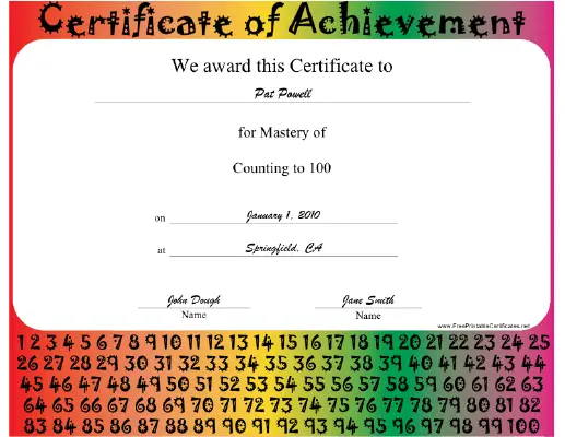 Mastery of Counting to 100 certificate