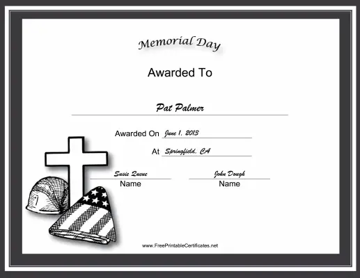 Memorial Day Holiday certificate