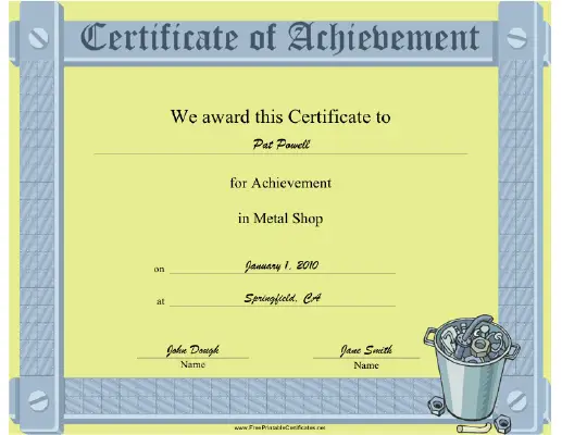 Metal Shop certificate
