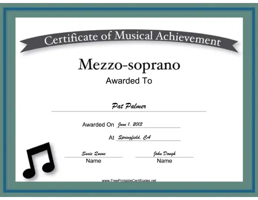 Mezzo-Soprano Vocal Music certificate