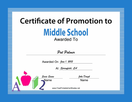 Middle School Promotion certificate