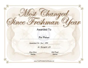 Most Changed Since Freshman Year Yearbook certificate