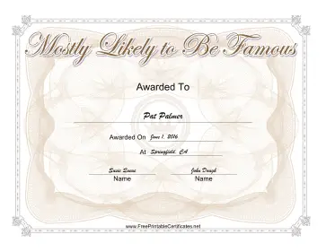Most Likely To Be Famous Yearbook certificate