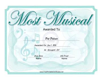 Most Musical Yearbook certificate