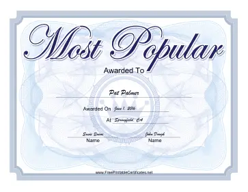 Most Popular Yearbook certificate