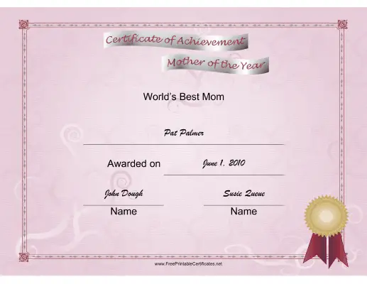 Mother of the Year certificate