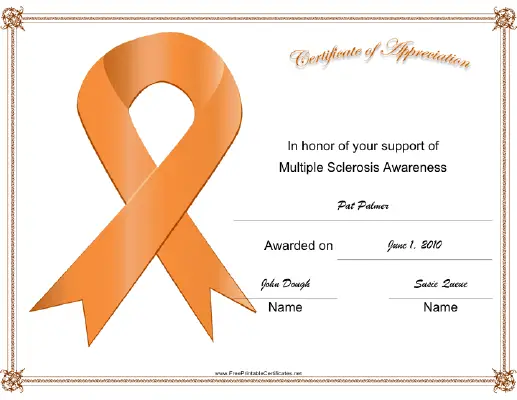 Multiple Sclerosis Awareness Ribbon certificate