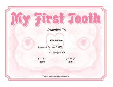 My First Tooth Certificate Pink certificate