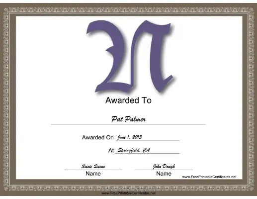 N Monogram certificate