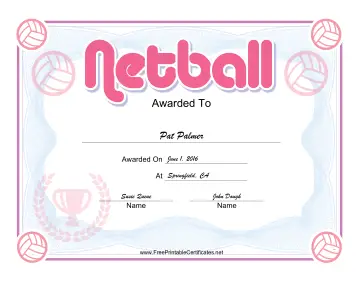 Netball Pink certificate
