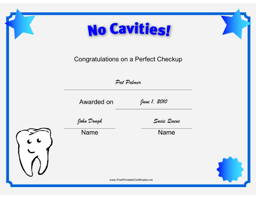 No Cavities certificate