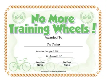No Training Wheels Bicycle certificate