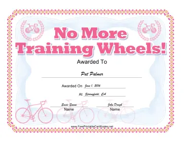 No Training Wheels Bicycle Certificate Pink certificate