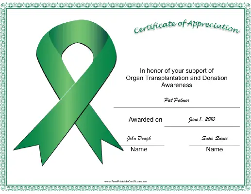 Organ Transplantation Donation Awareness Ribbon certificate